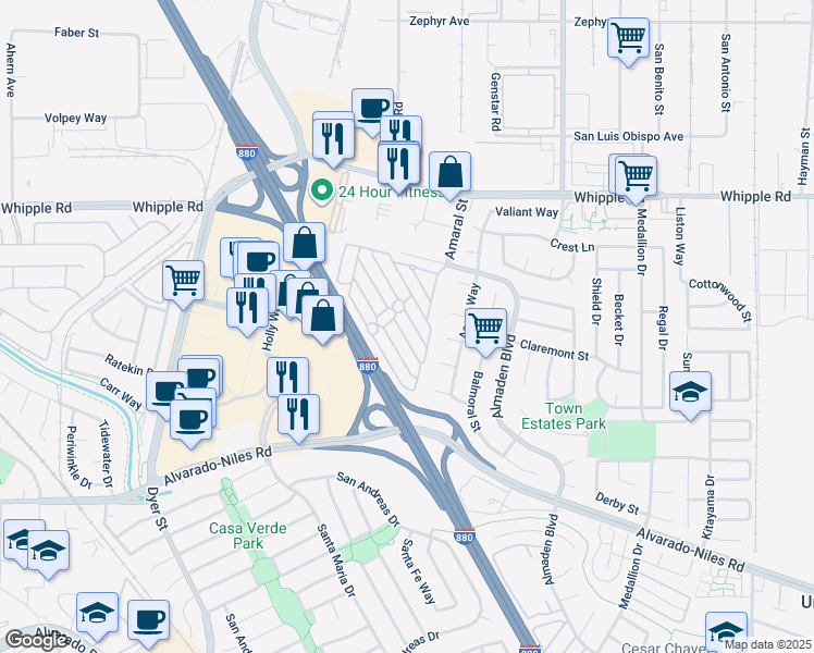 map of restaurants, bars, coffee shops, grocery stores, and more near 2524 Franklin Avenue in Union City