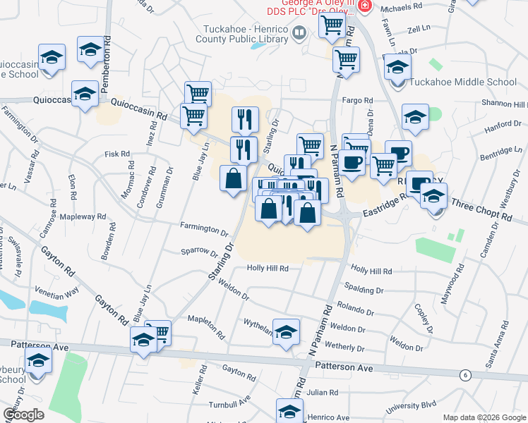 map of restaurants, bars, coffee shops, grocery stores, and more near 1321 Farrells West Avenue in Henrico