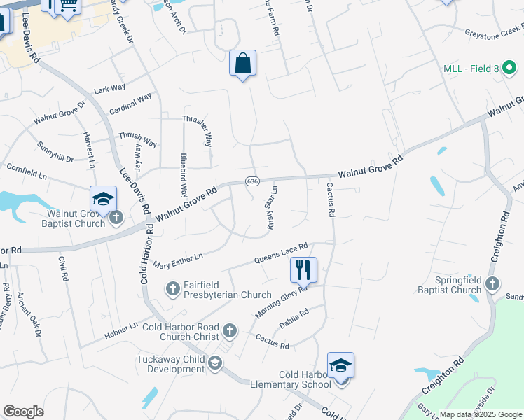 map of restaurants, bars, coffee shops, grocery stores, and more near 6350 Kristy Star Lane in Mechanicsville