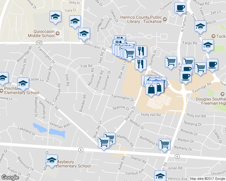 map of restaurants, bars, coffee shops, grocery stores, and more near 1304 Blue Jay Lane in Richmond