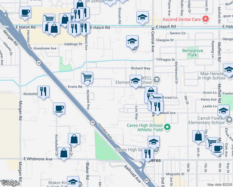 map of restaurants, bars, coffee shops, grocery stores, and more near 1815 Gail Court in Ceres