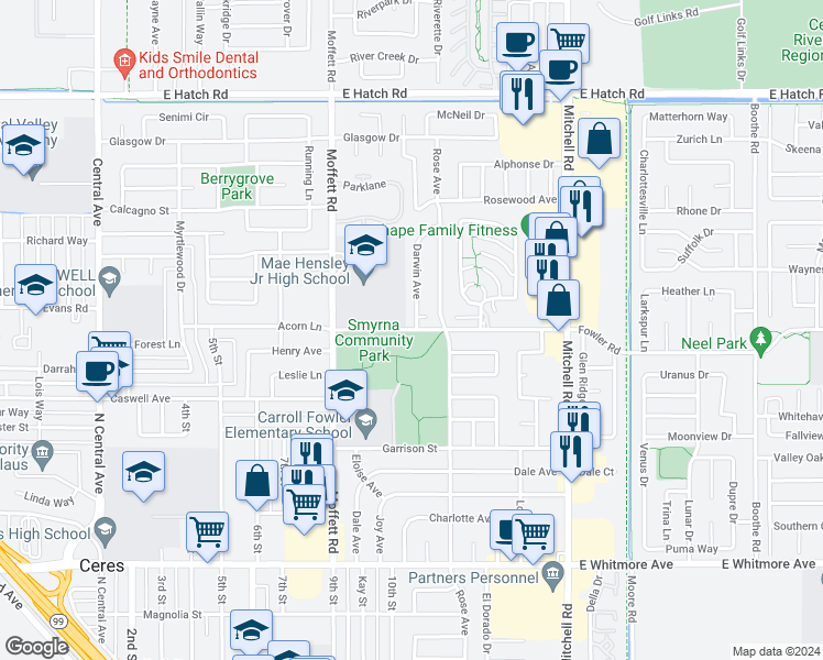 map of restaurants, bars, coffee shops, grocery stores, and more near 2723 Fowler Road in Ceres