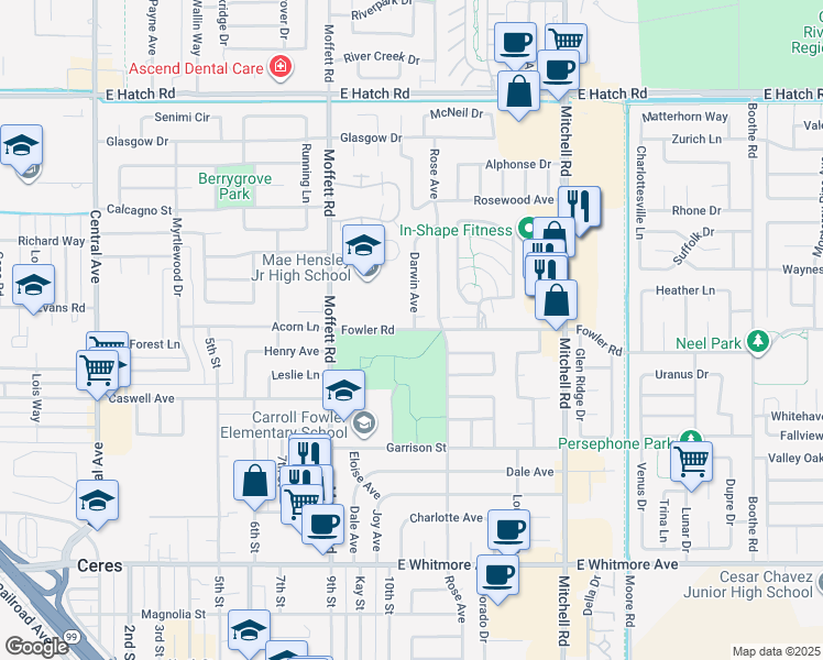 map of restaurants, bars, coffee shops, grocery stores, and more near 2725 Fowler Road in Ceres