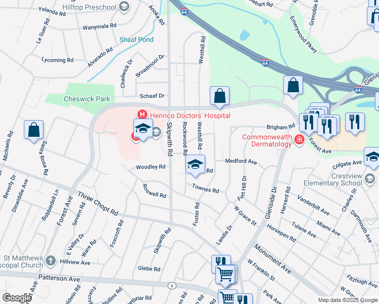 map of restaurants, bars, coffee shops, grocery stores, and more near 1611 Rockwood Road in Richmond