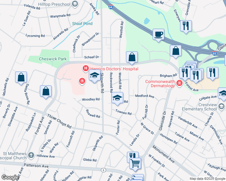 map of restaurants, bars, coffee shops, grocery stores, and more near 1611 Rockwood Road in Richmond