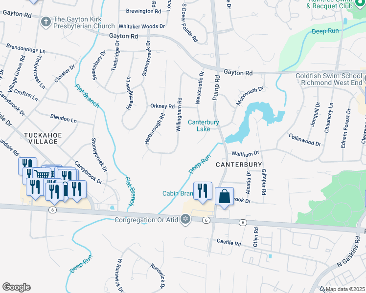 map of restaurants, bars, coffee shops, grocery stores, and more near 1507 Willingham Road in Richmond