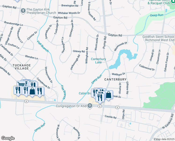map of restaurants, bars, coffee shops, grocery stores, and more near 1507 Willingham Road in Richmond