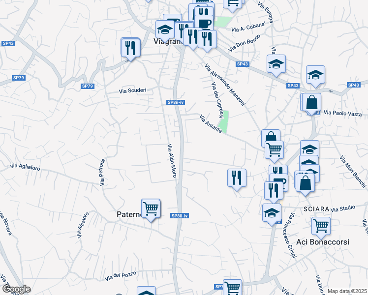 map of restaurants, bars, coffee shops, grocery stores, and more near 42 Via Giuseppe Garibaldi in Viagrande