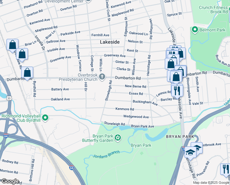 map of restaurants, bars, coffee shops, grocery stores, and more near 2420 Essex Road in Henrico