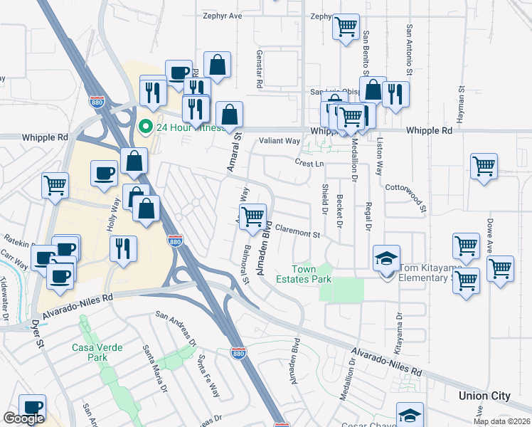 map of restaurants, bars, coffee shops, grocery stores, and more near 2486 Almaden Boulevard in Union City