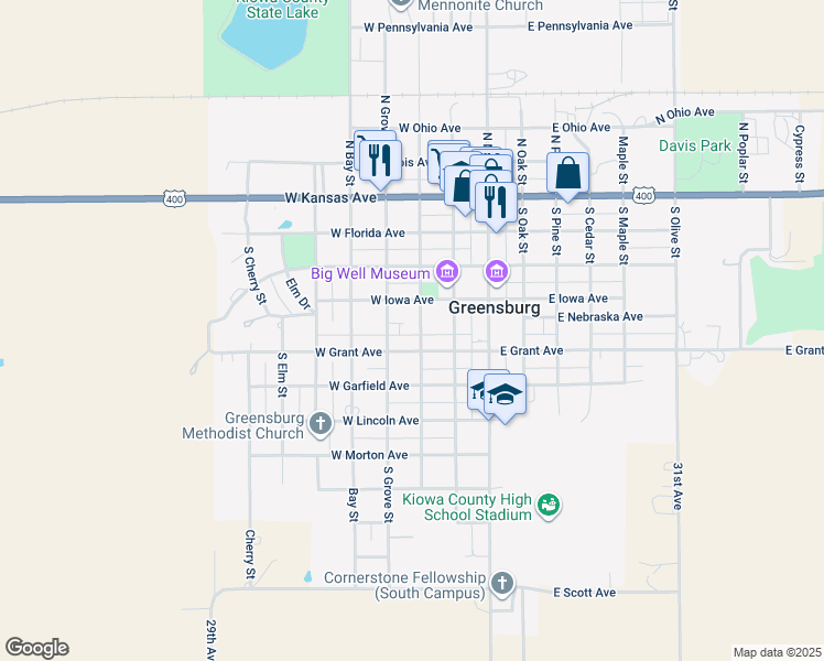map of restaurants, bars, coffee shops, grocery stores, and more near 423 South Walnut Street in Greensburg