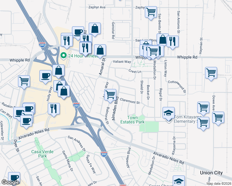 map of restaurants, bars, coffee shops, grocery stores, and more near 2486 Almaden Boulevard in Union City