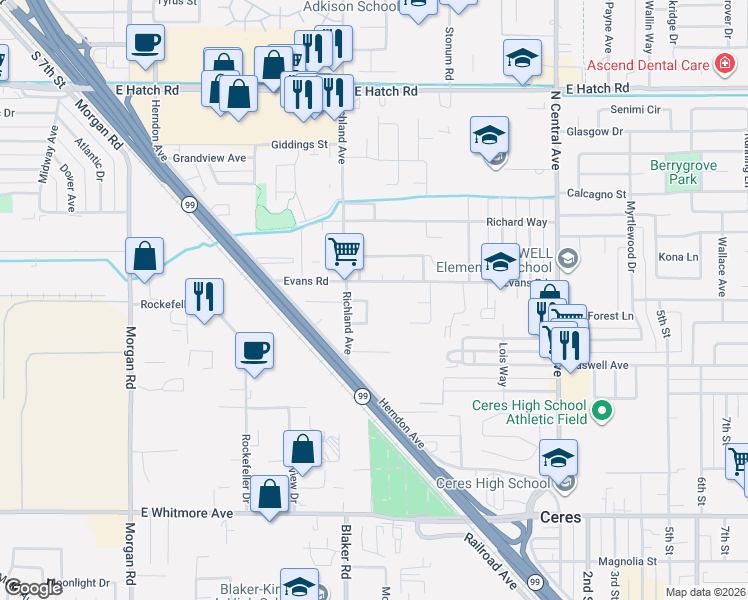 map of restaurants, bars, coffee shops, grocery stores, and more near 1748 Evans Road in Ceres