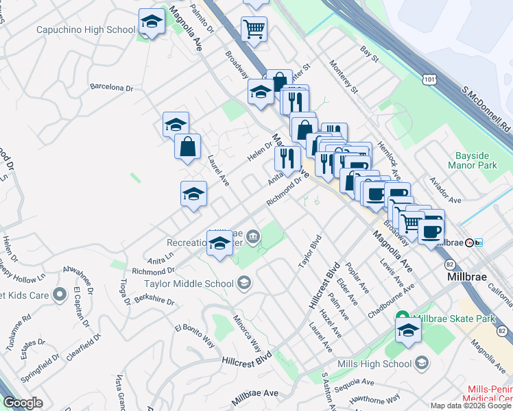 map of restaurants, bars, coffee shops, grocery stores, and more near in Millbrae