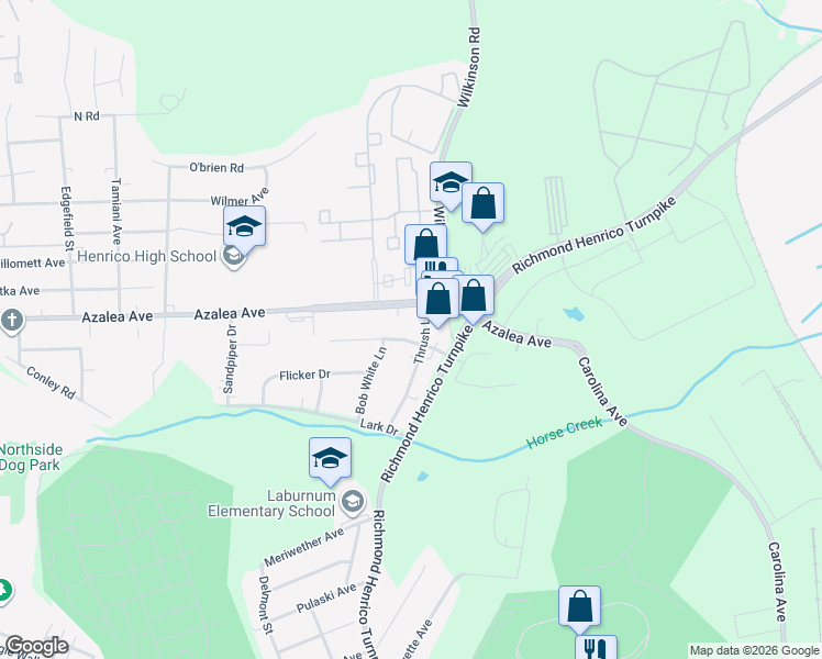 map of restaurants, bars, coffee shops, grocery stores, and more near 5103 Thrush Lane in Richmond