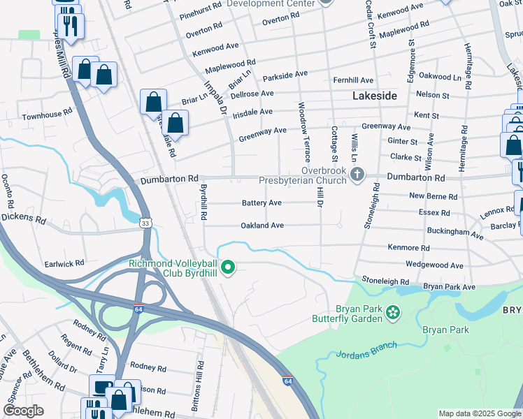 map of restaurants, bars, coffee shops, grocery stores, and more near 2901 Battery Avenue in Richmond