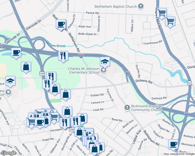 map of restaurants, bars, coffee shops, grocery stores, and more near 5578 Bethlehem Road in Richmond