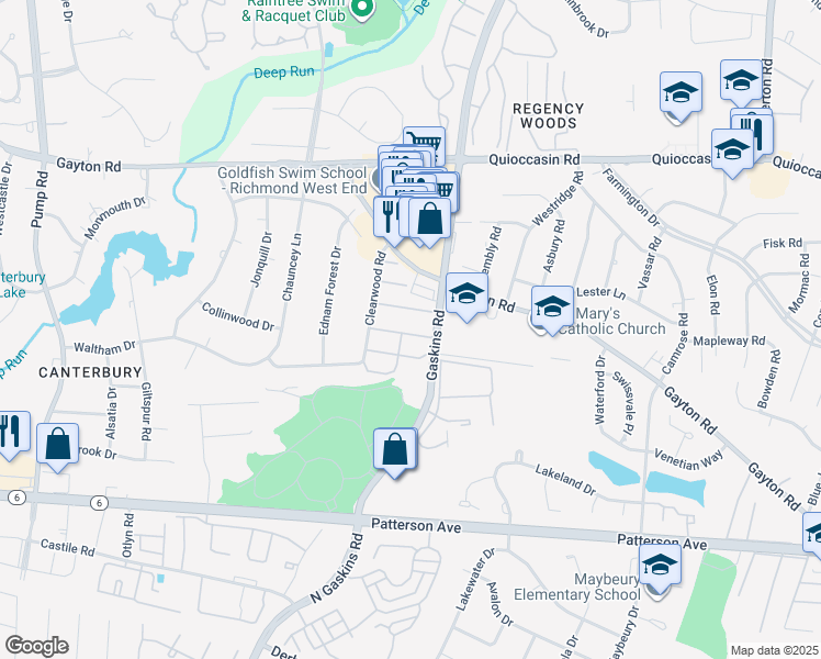 map of restaurants, bars, coffee shops, grocery stores, and more near 9704 Tartuffe Drive in Henrico