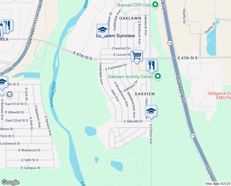 map of restaurants, bars, coffee shops, grocery stores, and more near 4992 S Jade Ave in Wichita