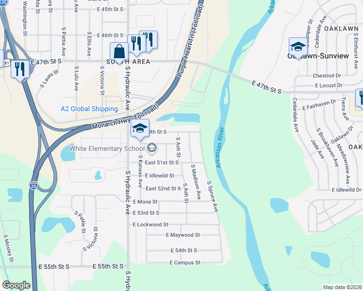 map of restaurants, bars, coffee shops, grocery stores, and more near 5138 South Ash Street in Wichita
