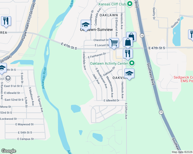 map of restaurants, bars, coffee shops, grocery stores, and more near 4992 Jade Avenue in Wichita