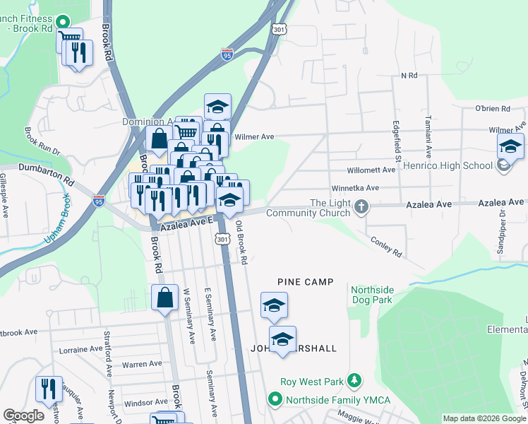 map of restaurants, bars, coffee shops, grocery stores, and more near 897 Azalea Avenue East in Richmond