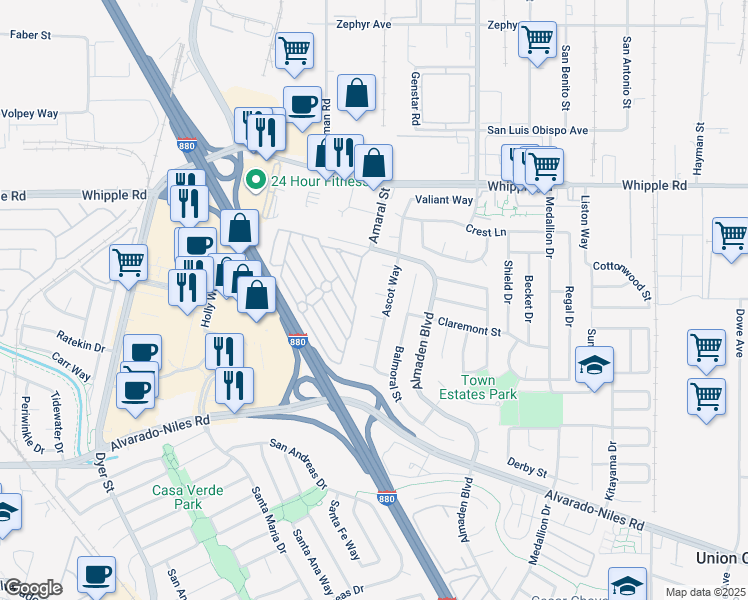 map of restaurants, bars, coffee shops, grocery stores, and more near 2486 Red Hill Court in Union City