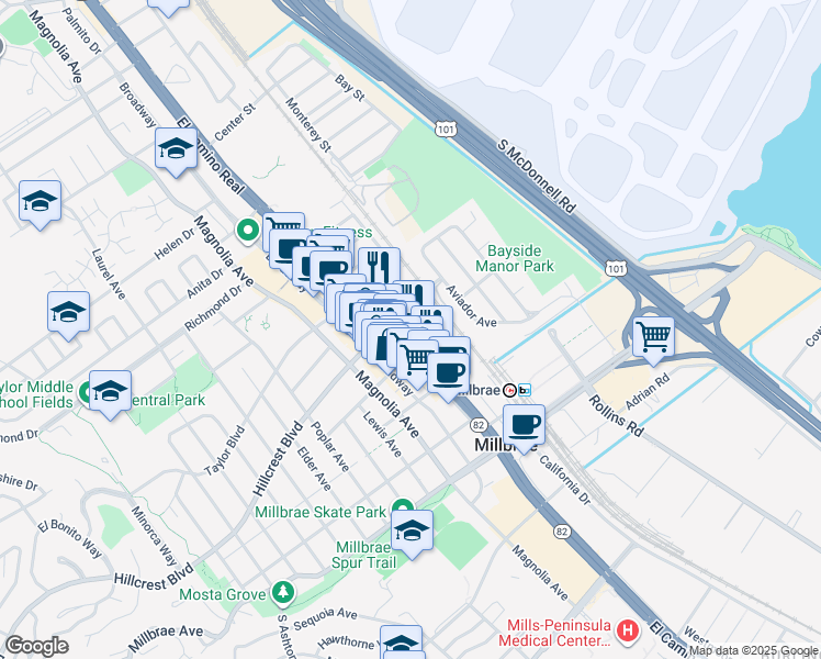 map of restaurants, bars, coffee shops, grocery stores, and more near 320 El Camino Real in Millbrae