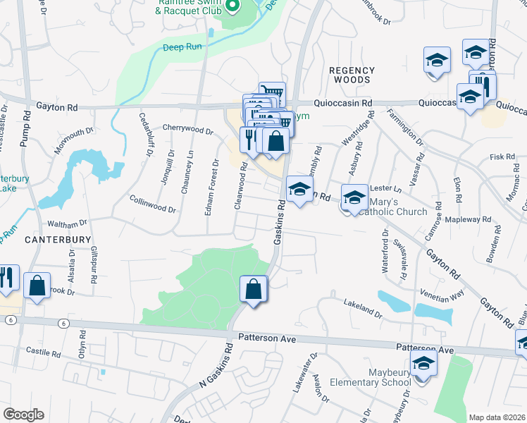 map of restaurants, bars, coffee shops, grocery stores, and more near 9704 Tartuffe Drive in Henrico