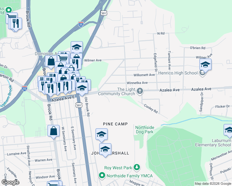 map of restaurants, bars, coffee shops, grocery stores, and more near 825 Azalea Avenue in Richmond