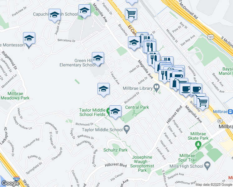 map of restaurants, bars, coffee shops, grocery stores, and more near 9 Henry Place in Millbrae
