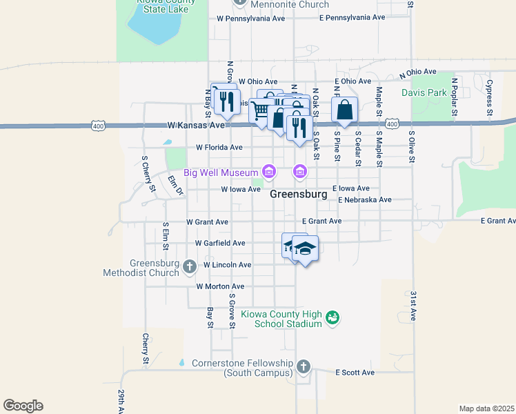map of restaurants, bars, coffee shops, grocery stores, and more near 423 South Walnut Street in Greensburg