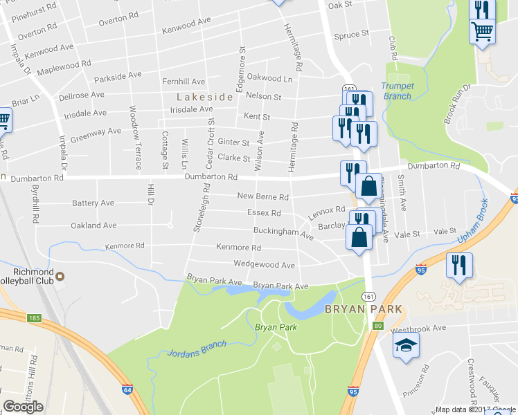 map of restaurants, bars, coffee shops, grocery stores, and more near 2318 Essex Road in Richmond