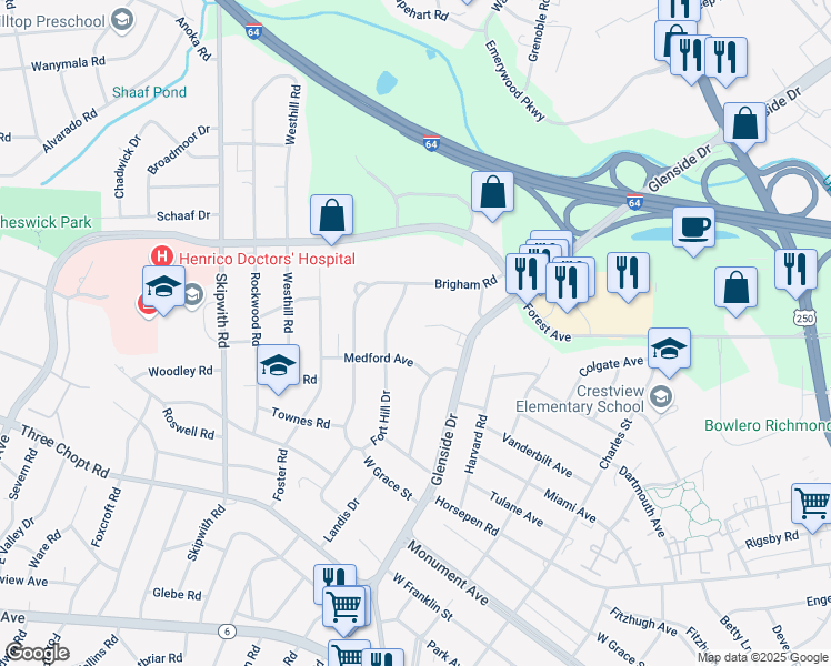 map of restaurants, bars, coffee shops, grocery stores, and more near 7115 Walford Avenue in Richmond