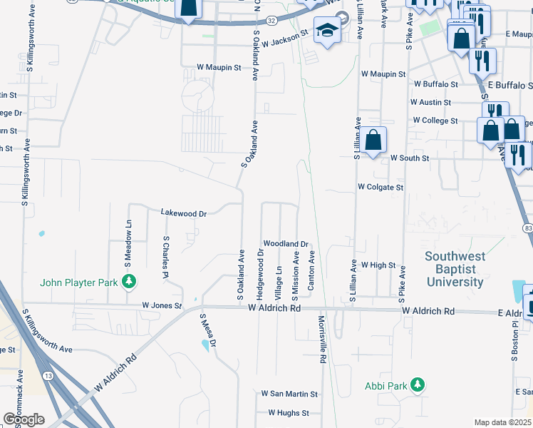 map of restaurants, bars, coffee shops, grocery stores, and more near 1325 Hedgewood Drive in Bolivar