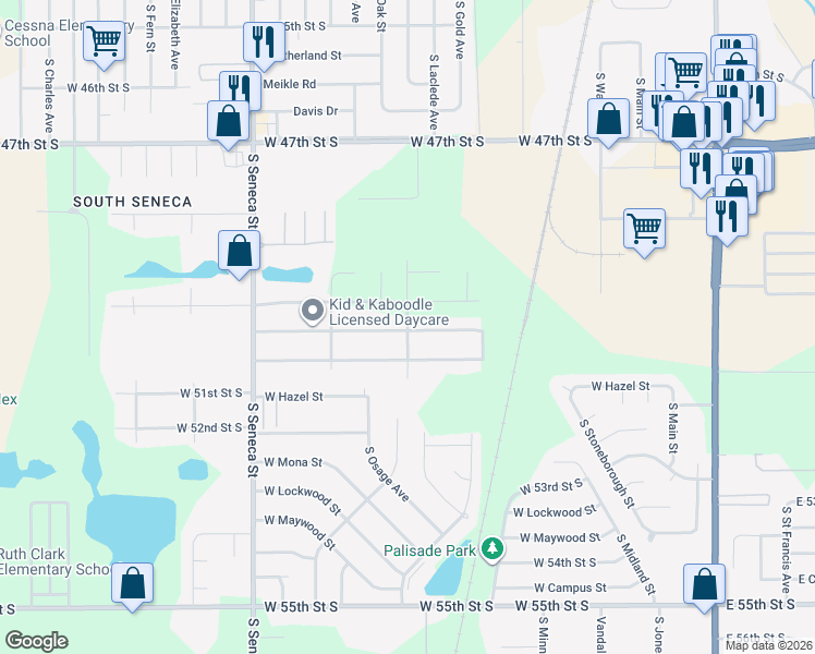 map of restaurants, bars, coffee shops, grocery stores, and more near 617 West Sunrise Street in Wichita