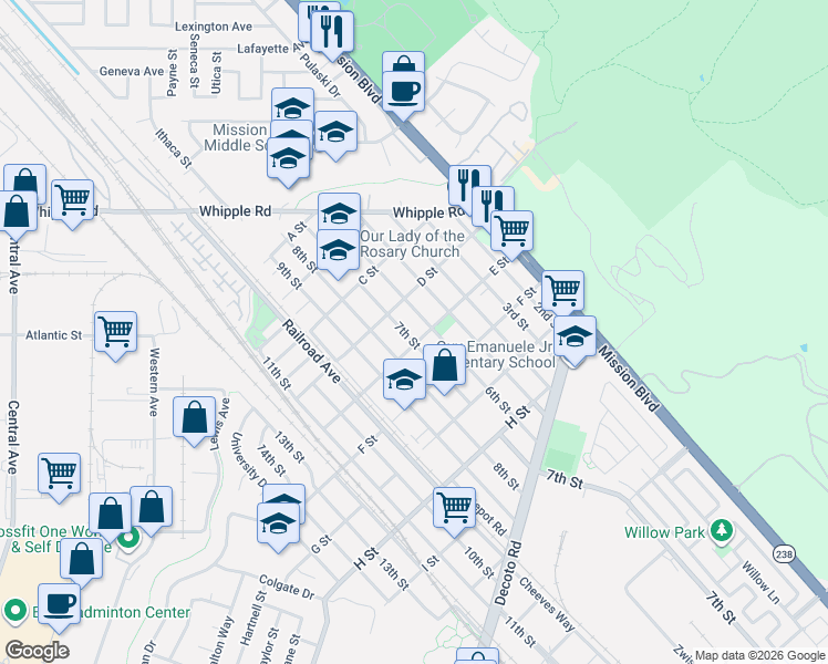 map of restaurants, bars, coffee shops, grocery stores, and more near 33454 7th Street in Union City