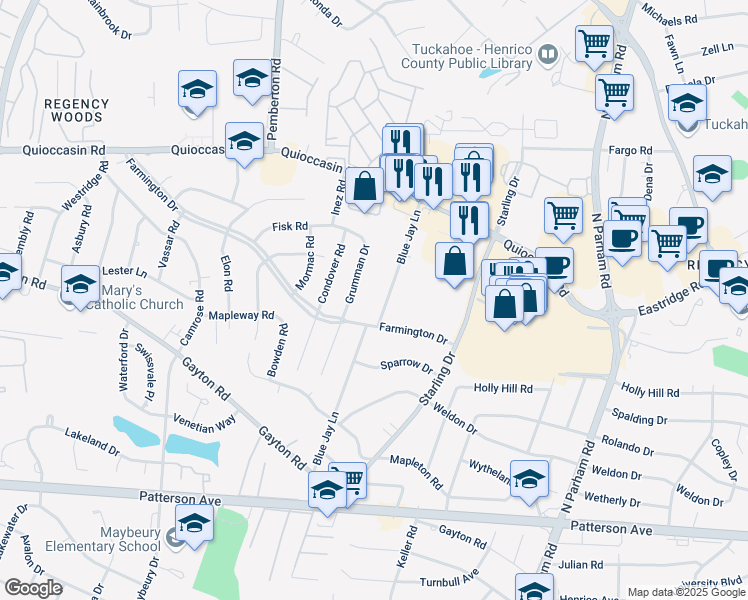 map of restaurants, bars, coffee shops, grocery stores, and more near 1304 Blue Jay Lane in Richmond