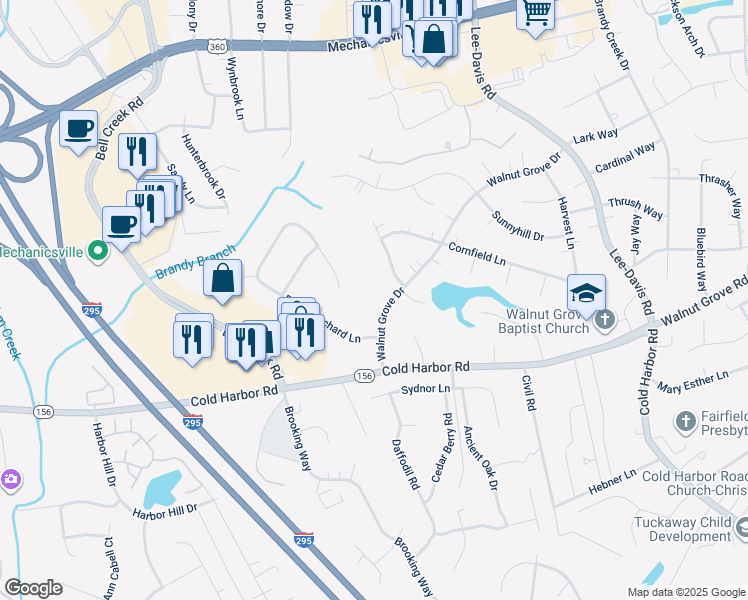 map of restaurants, bars, coffee shops, grocery stores, and more near 7237 Walnut Grove Drive in Mechanicsville