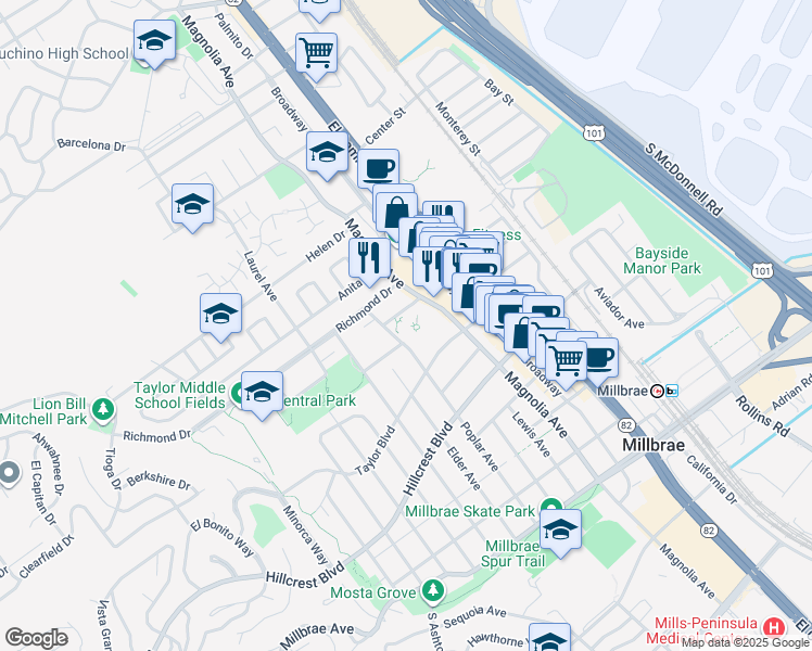 map of restaurants, bars, coffee shops, grocery stores, and more near 1 Library Avenue in Millbrae