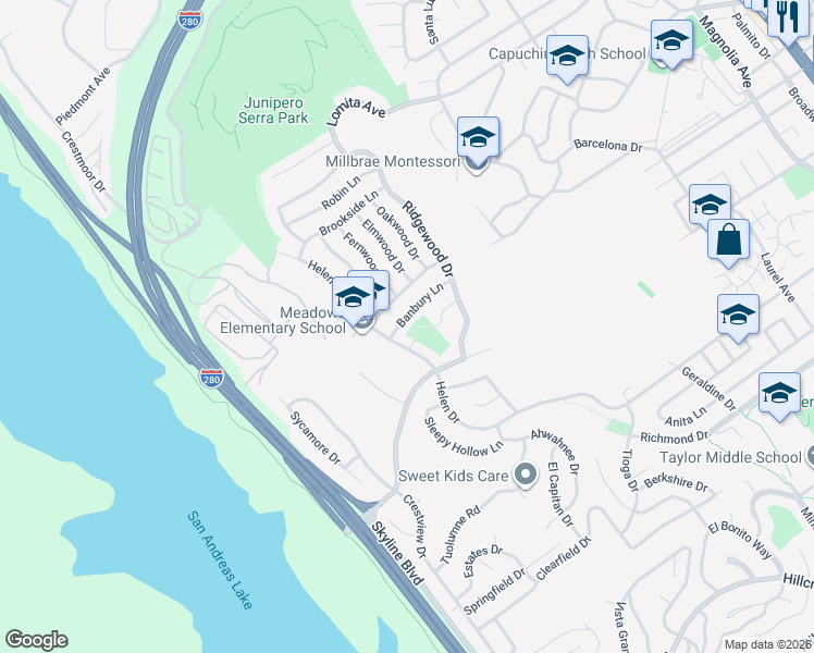 map of restaurants, bars, coffee shops, grocery stores, and more near 839 Banbury Lane in Millbrae