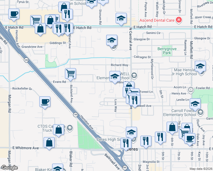 map of restaurants, bars, coffee shops, grocery stores, and more near 1948 Evans Road in Ceres