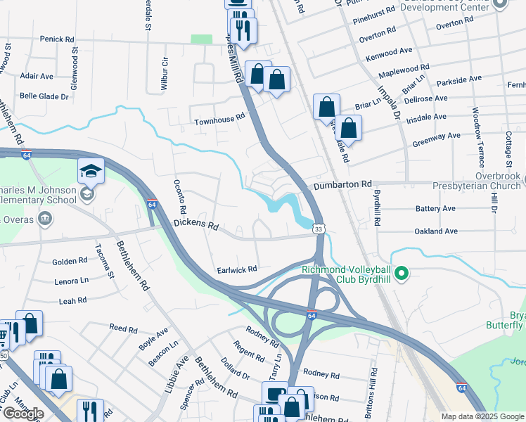 map of restaurants, bars, coffee shops, grocery stores, and more near 3113 Manor Circle in Richmond