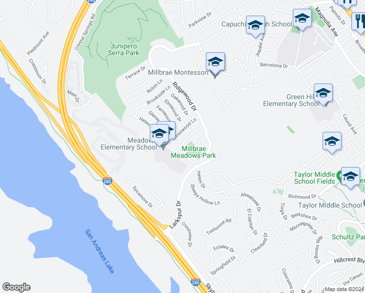 map of restaurants, bars, coffee shops, grocery stores, and more near 839 Banbury Lane in Millbrae