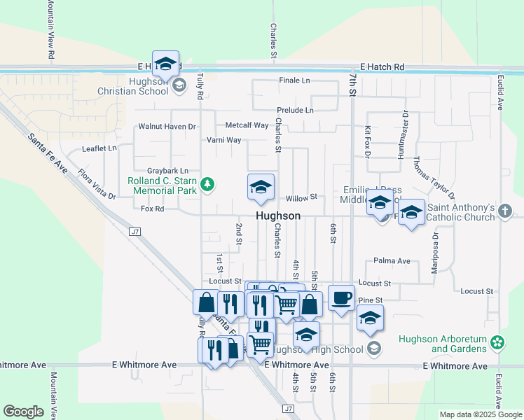map of restaurants, bars, coffee shops, grocery stores, and more near 6937 Fox Road in Hughson