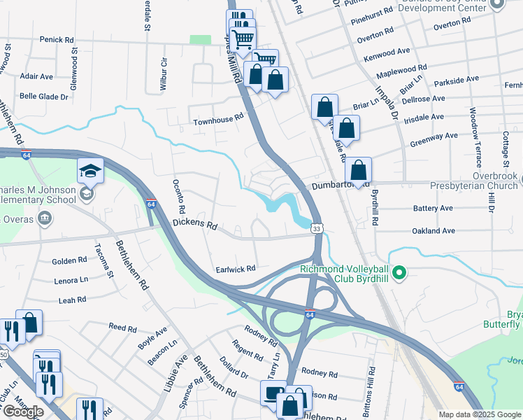 map of restaurants, bars, coffee shops, grocery stores, and more near 3113 Manor Circle in Richmond