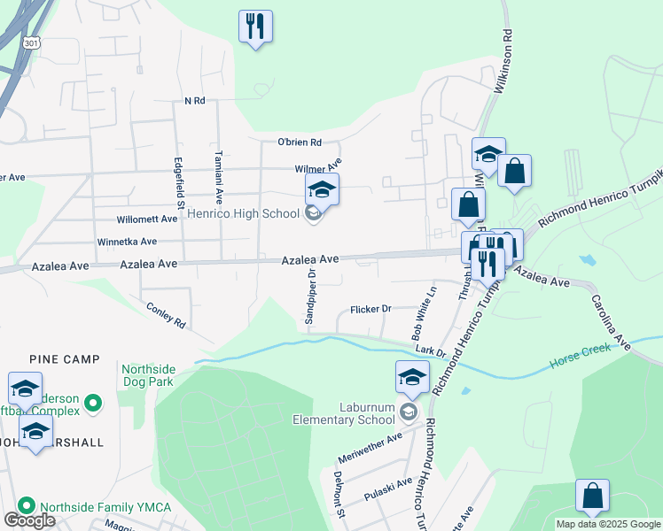 map of restaurants, bars, coffee shops, grocery stores, and more near 353 Waxwing Drive in Richmond