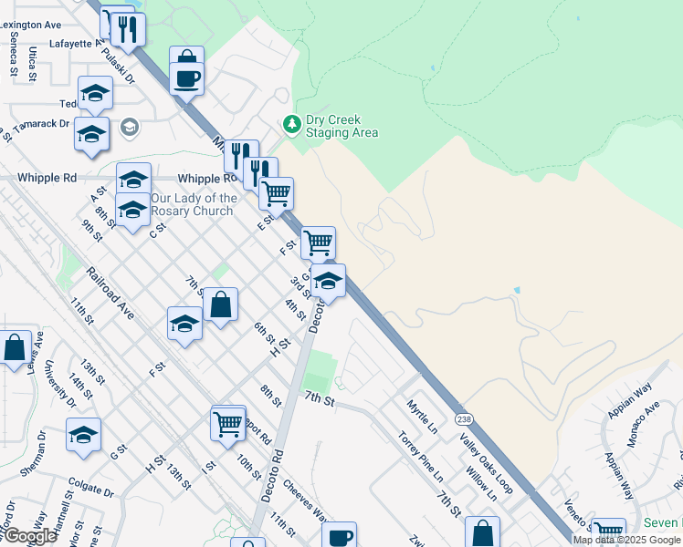 map of restaurants, bars, coffee shops, grocery stores, and more near Mission Blvd & Decoto Rd in Union City