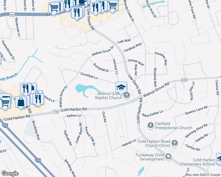 map of restaurants, bars, coffee shops, grocery stores, and more near 7250 Drewce Court in Mechanicsville