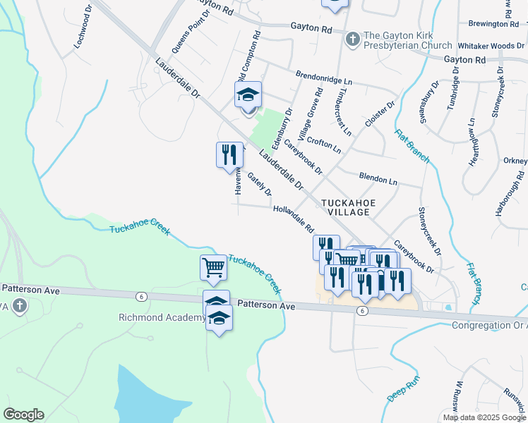 map of restaurants, bars, coffee shops, grocery stores, and more near 1708 Hollandale Road in Richmond